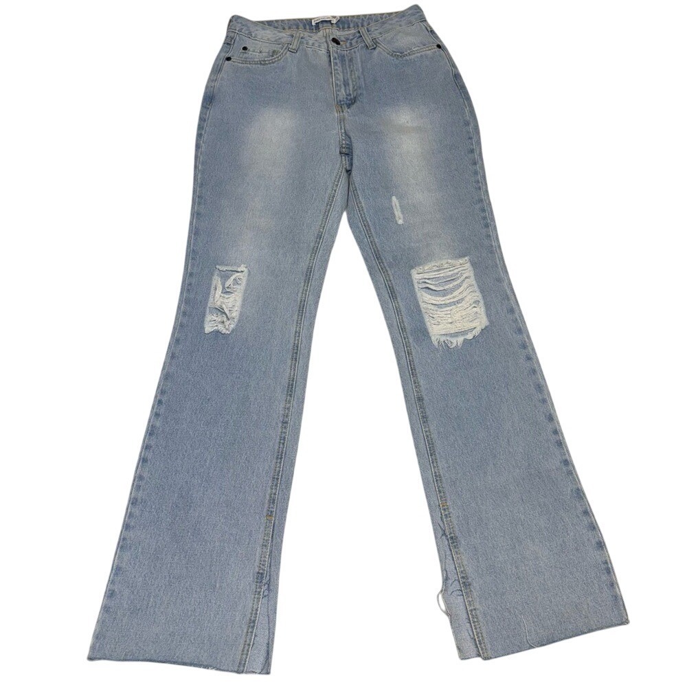 NWOT Avec Les Filles high-rise raw hem split cuff denim jeans in a‎ light wash
